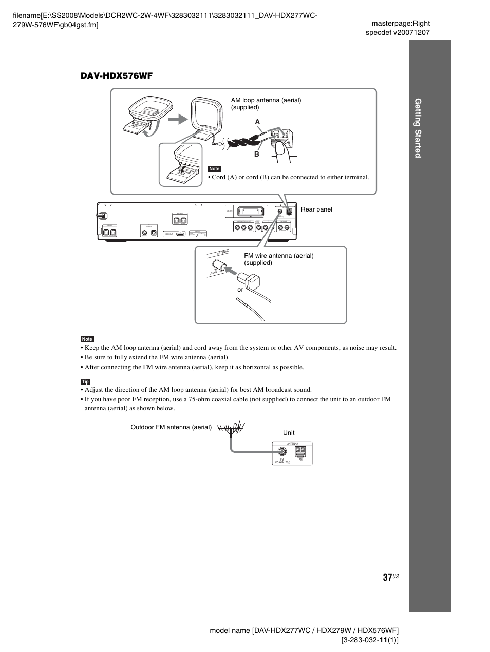 Gettin g star ted dav-hdx576wf, Outdoor fm antenna (aerial) unit | Sony DAV-HDX277WC User Manual | Page 37 / 124