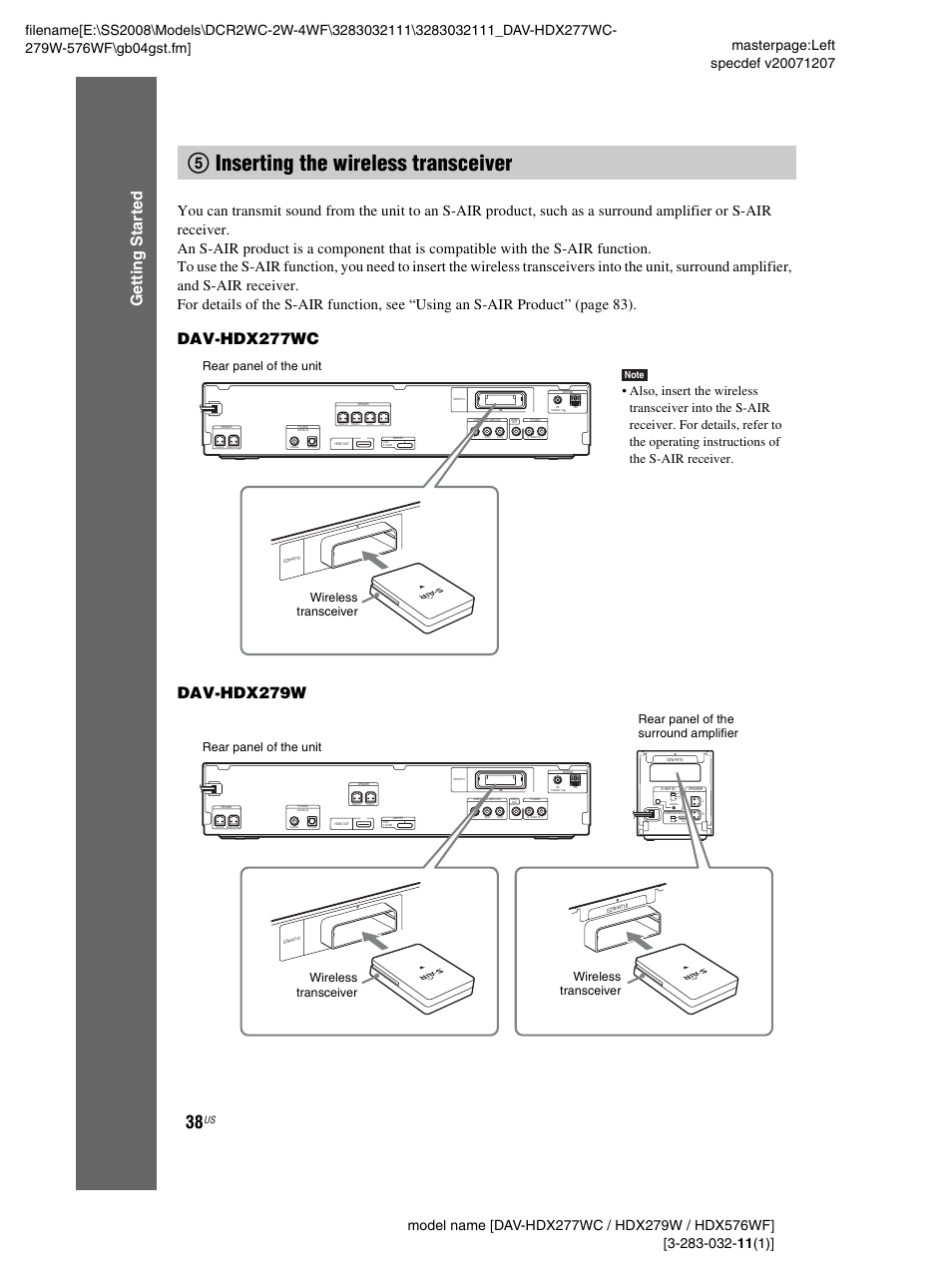 5 inserting the wireless transceiver, 5inserting the wireless transceiver, Ge tting star te d | Rear panel of the unit wireless transceiver | Sony DAV-HDX277WC User Manual | Page 38 / 124