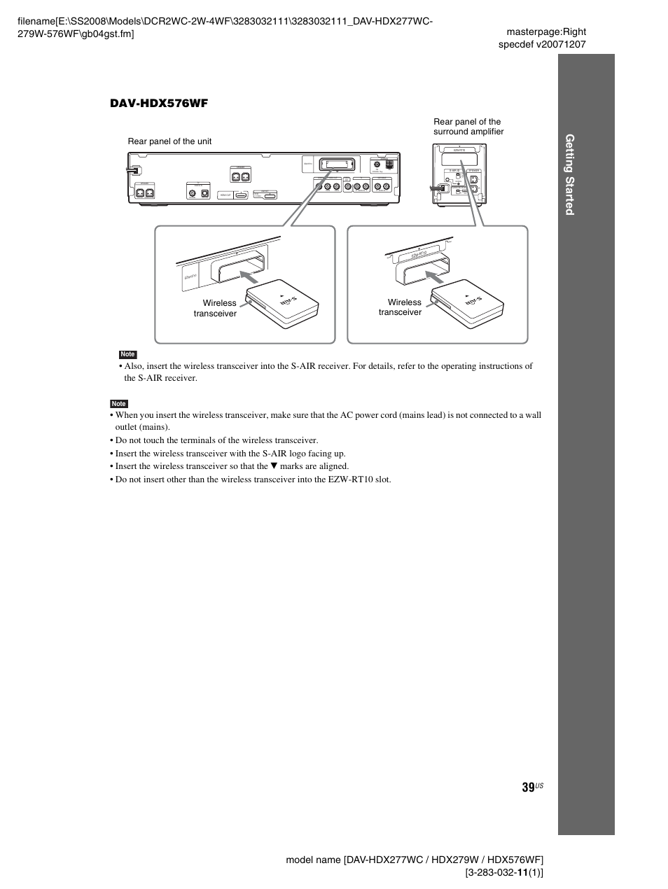 Gettin g star ted dav-hdx576wf, Rear panel of the surround amplifier | Sony DAV-HDX277WC User Manual | Page 39 / 124