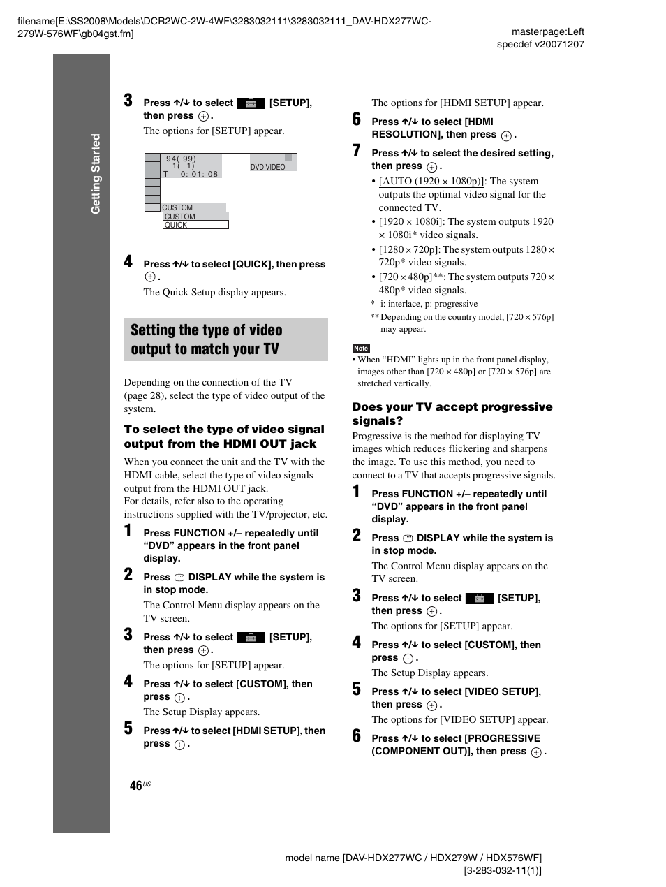 Setting the type of video output to match your tv | Sony DAV-HDX277WC User Manual | Page 46 / 124