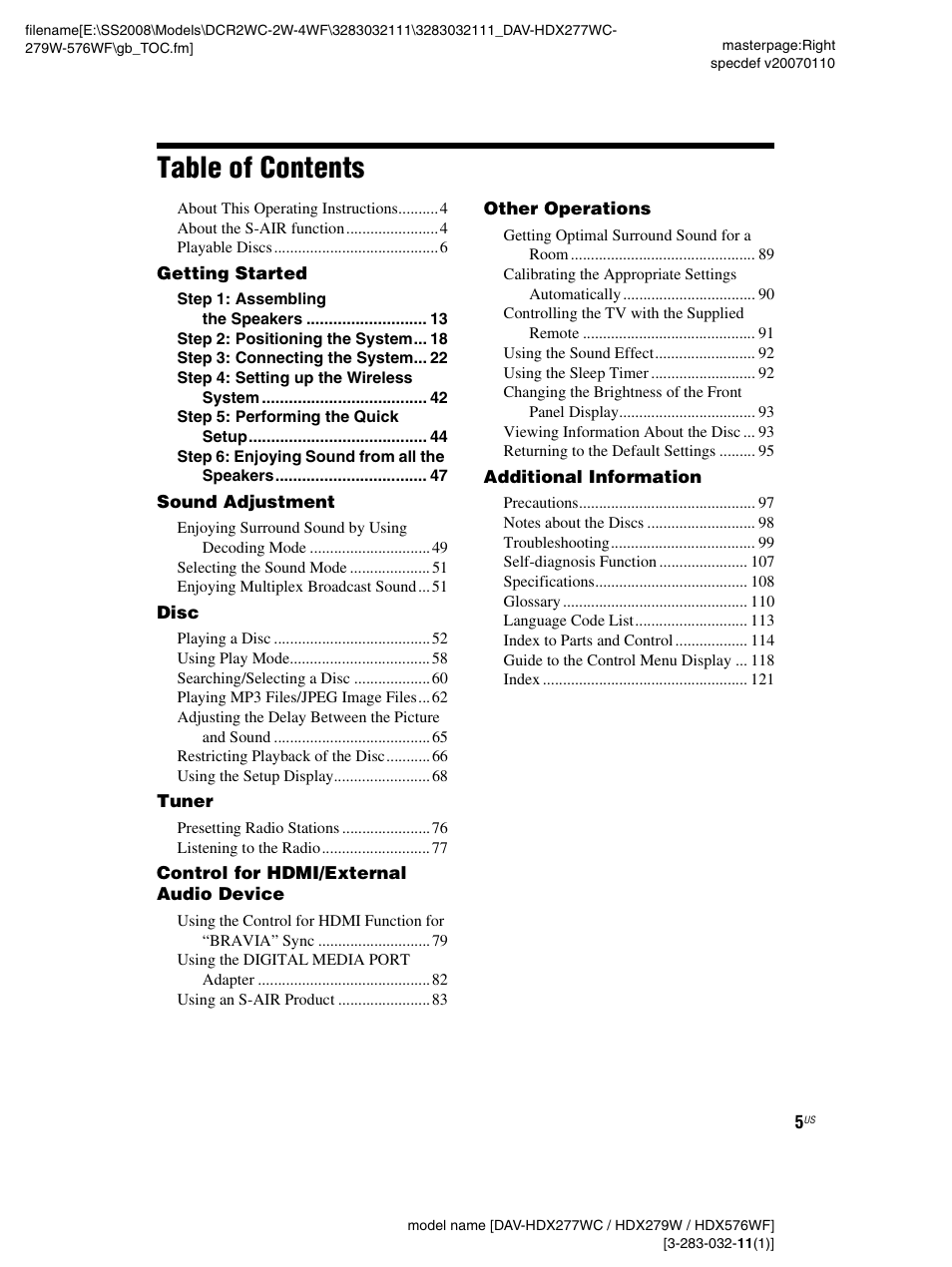 Sony DAV-HDX277WC User Manual | Page 5 / 124