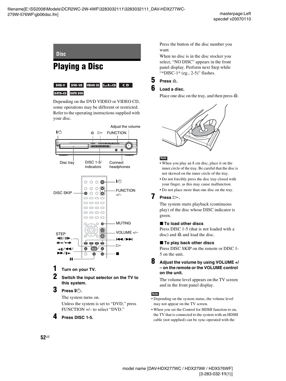 Disc, Playing a disc | Sony DAV-HDX277WC User Manual | Page 52 / 124