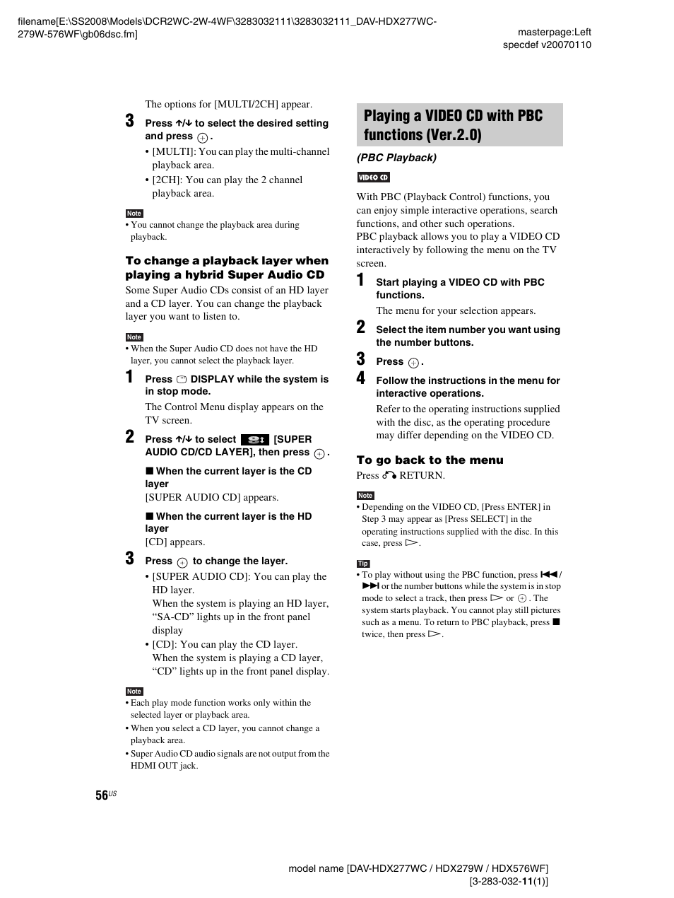 Playing a video cd with pbc functions (ver.2.0) | Sony DAV-HDX277WC User Manual | Page 56 / 124