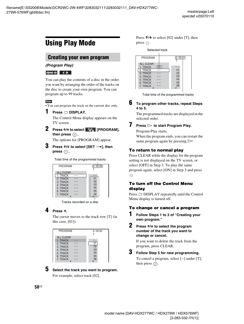Using play mode, Creating your own program | Sony DAV-HDX277WC User Manual | Page 58 / 124