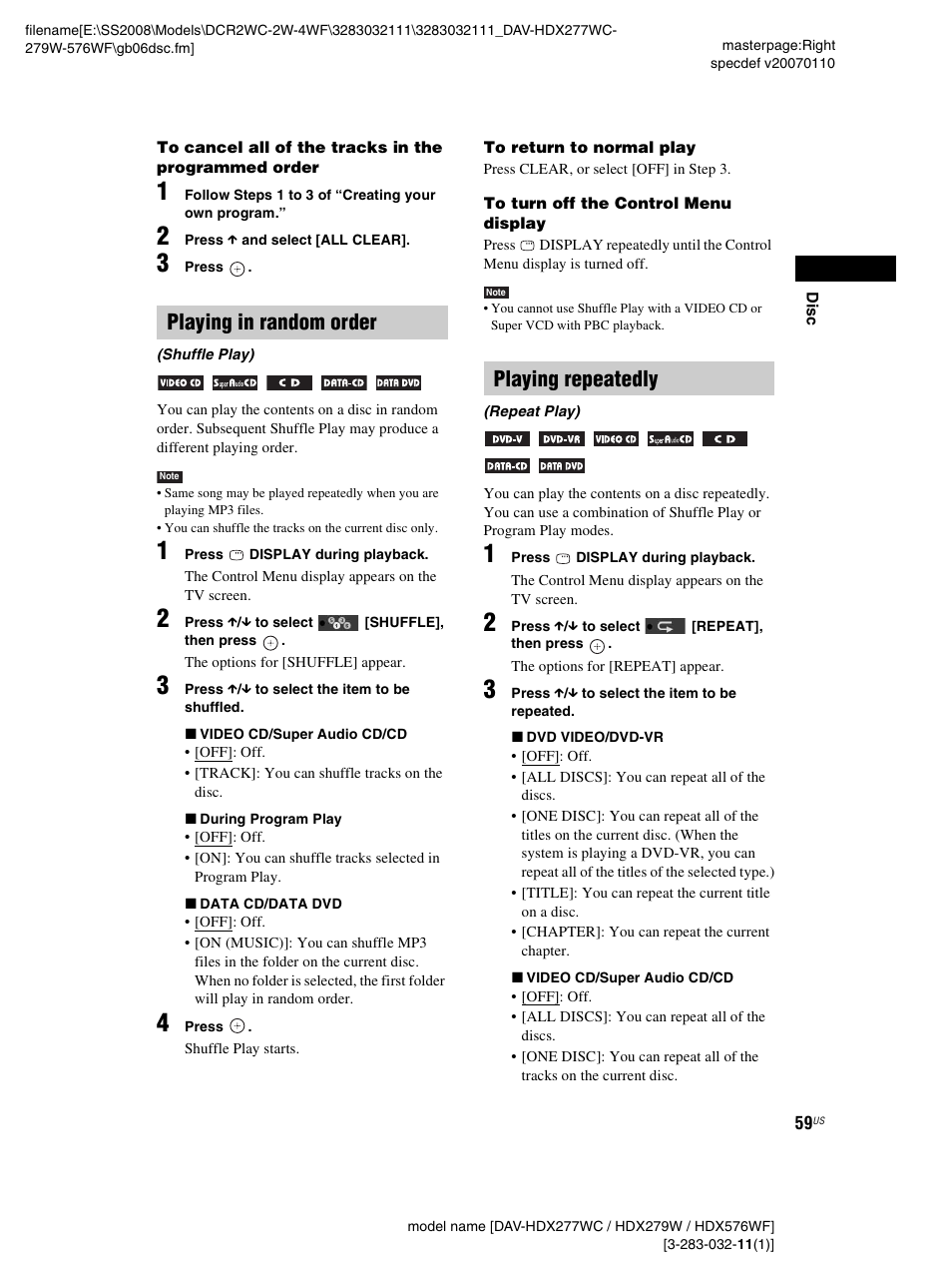 Playing in random order, Playing repeatedly | Sony DAV-HDX277WC User Manual | Page 59 / 124
