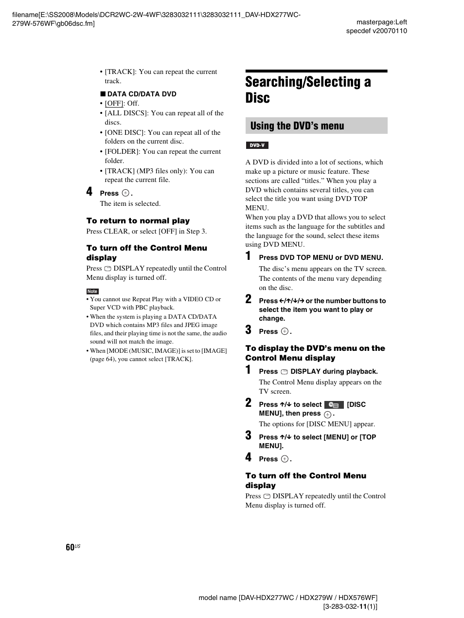 Searching/selecting a disc, Using the dvd’s menu | Sony DAV-HDX277WC User Manual | Page 60 / 124