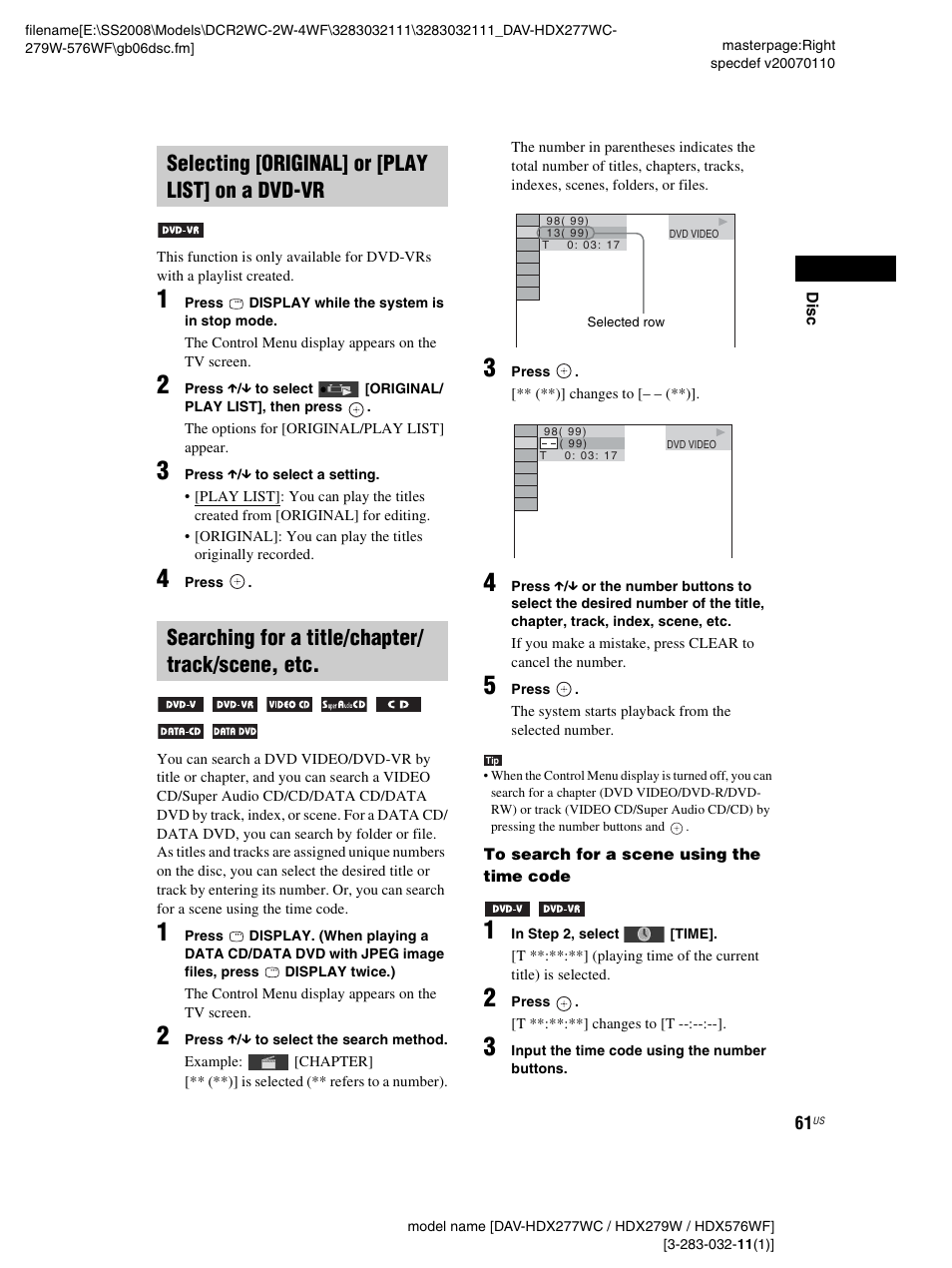 Selecting [original] or [play list] on a dvd-vr, Searching for a title/chapter/ track/scene, etc | Sony DAV-HDX277WC User Manual | Page 61 / 124