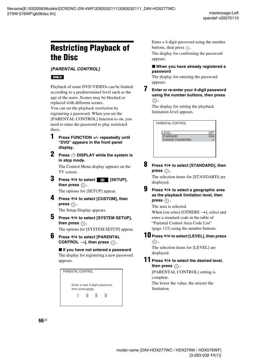 Restricting playback of the disc | Sony DAV-HDX277WC User Manual | Page 66 / 124