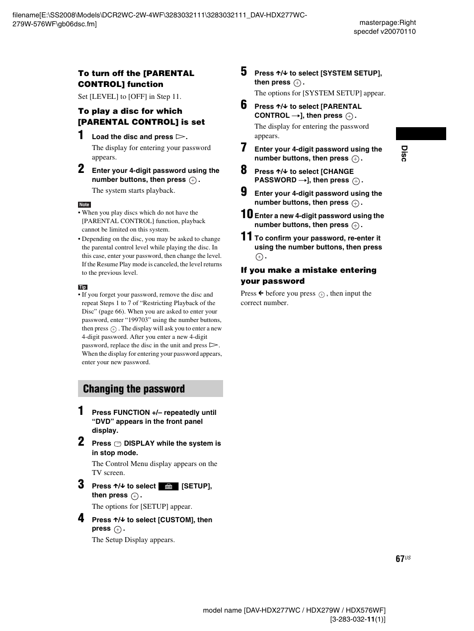 Changing the password | Sony DAV-HDX277WC User Manual | Page 67 / 124