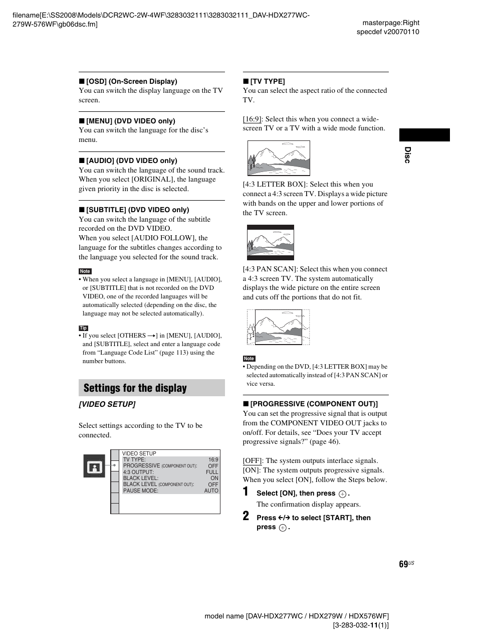 Settings for the display | Sony DAV-HDX277WC User Manual | Page 69 / 124