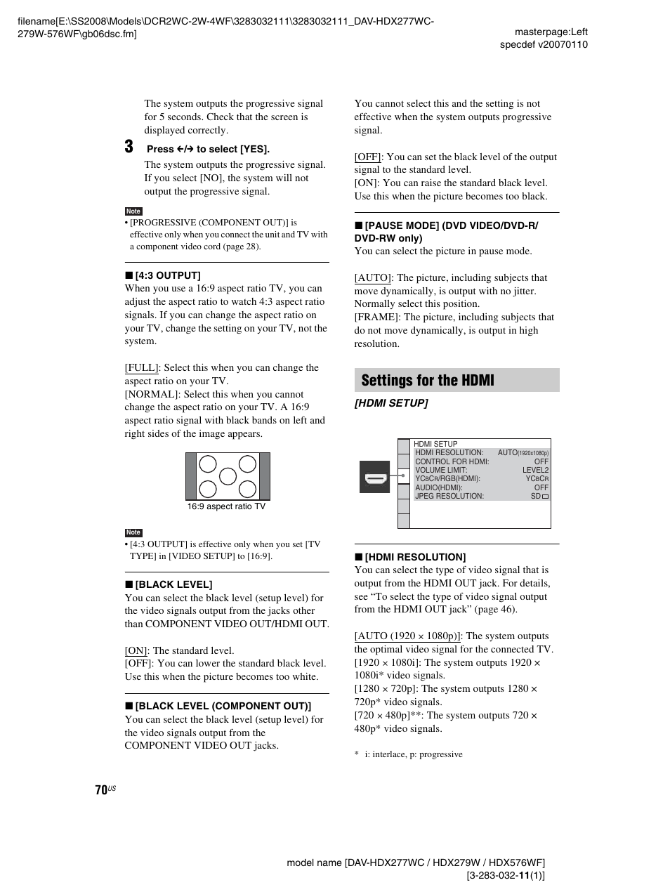 Settings for the hdmi | Sony DAV-HDX277WC User Manual | Page 70 / 124