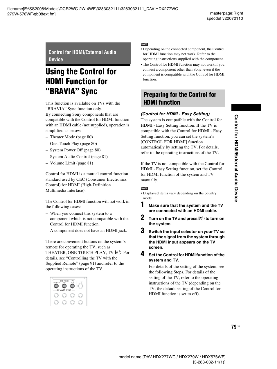 Control for hdmi/external audio device, Preparing for the control for hdmi function, Using the control for hdmi function for | Bravia” sync | Sony DAV-HDX277WC User Manual | Page 79 / 124