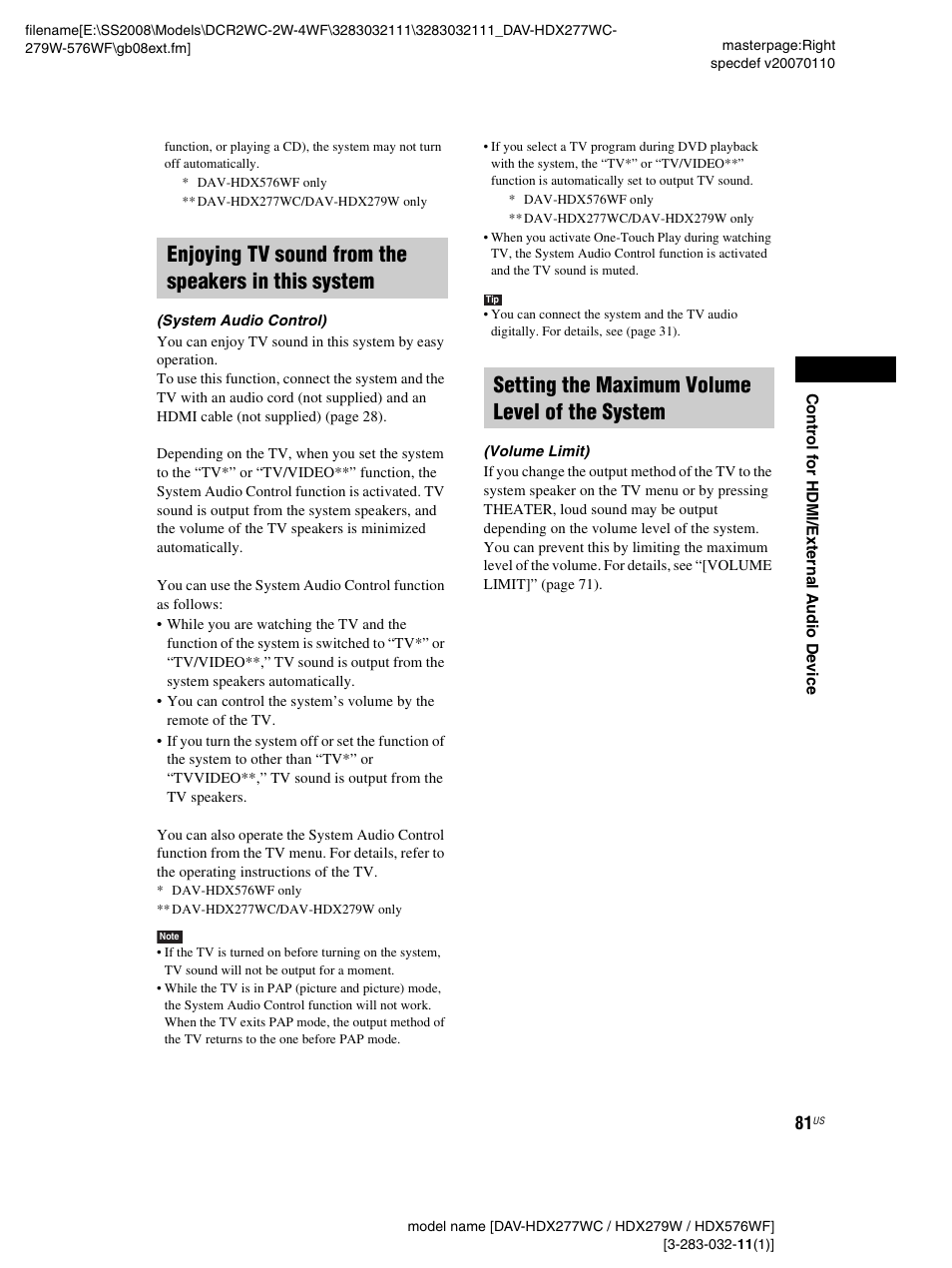 Enjoying tv sound from the speakers in this system, Setting the maximum volume level of the system | Sony DAV-HDX277WC User Manual | Page 81 / 124