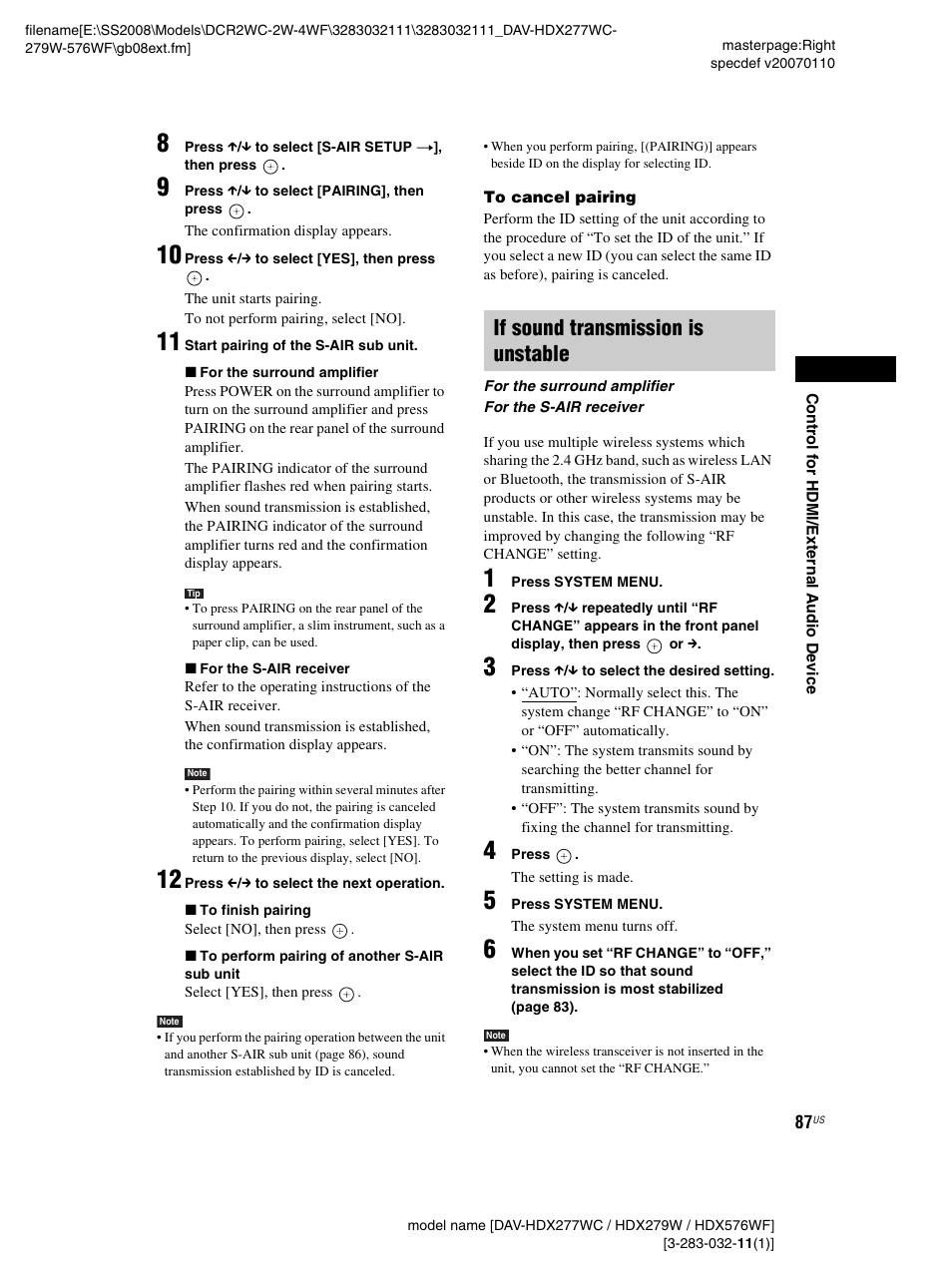 If sound transmission is unstable | Sony DAV-HDX277WC User Manual | Page 87 / 124