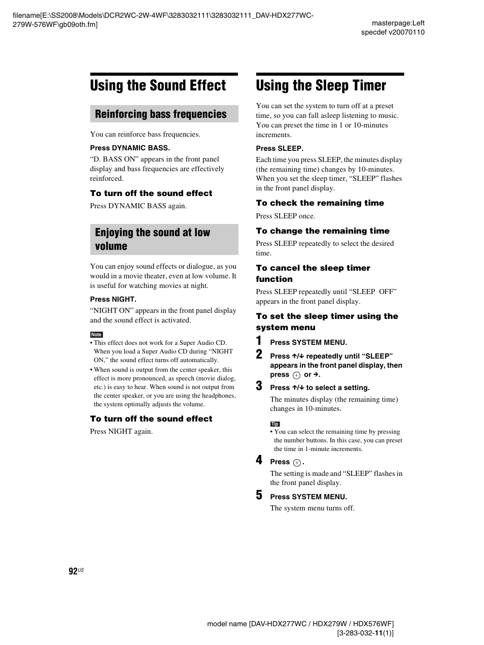 Using the sound effect, Reinforcing bass frequencies, Enjoying the sound at low volume | Using the sleep timer, Using the sound effect using the sleep timer | Sony DAV-HDX277WC User Manual | Page 92 / 124
