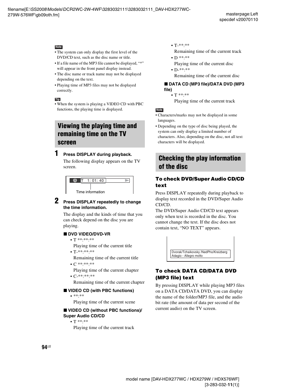 Checking the play information of the disc | Sony DAV-HDX277WC User Manual | Page 94 / 124