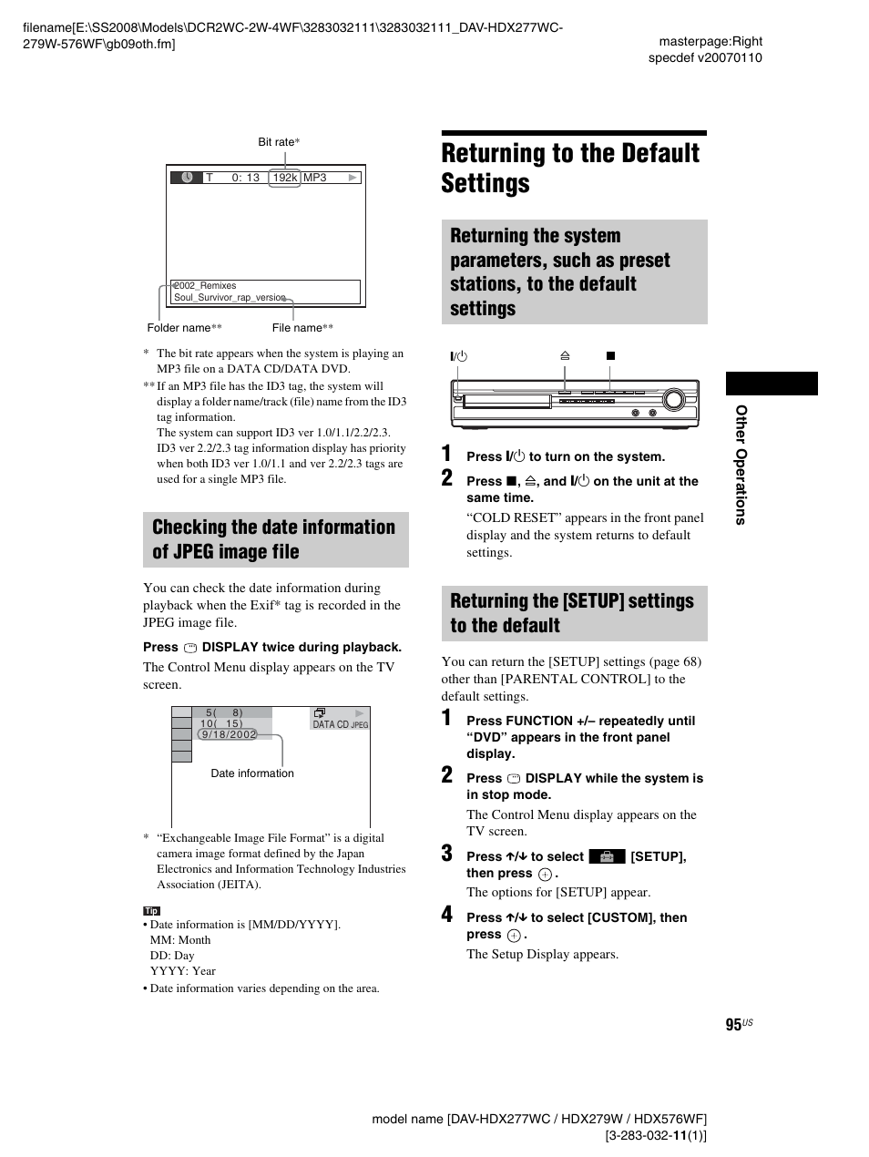 Checking the date information of jpeg image file, Returning to the default settings, Returning the [setup] settings to the default | Sony DAV-HDX277WC User Manual | Page 95 / 124