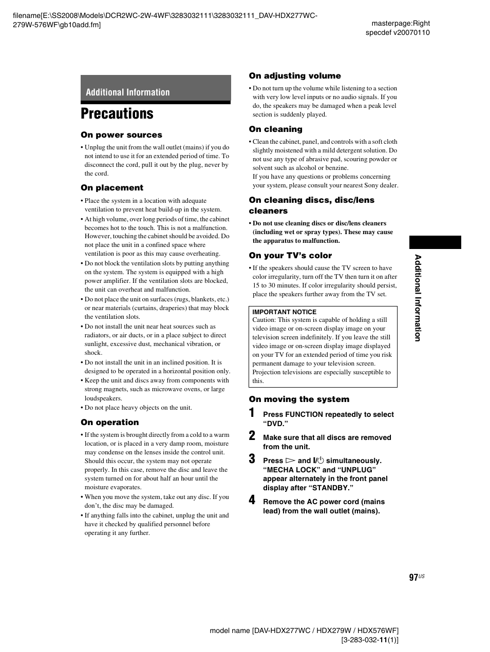 Additional information, Precautions | Sony DAV-HDX277WC User Manual | Page 97 / 124