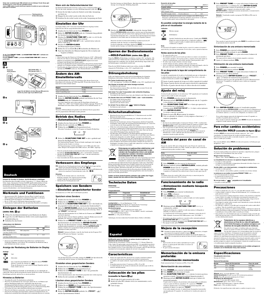 Einstellen der uhr, Ändern des am- einstellintervalls, Betrieb des radios | Verbessern des empfangs, Speichern von sendern, Sperren der bedienelemente, Störungsbehebung, Sicherheitsmaßnahmen, Technische daten, Ajuste del reloj | Sony ICF-M55 User Manual | Page 2 / 2