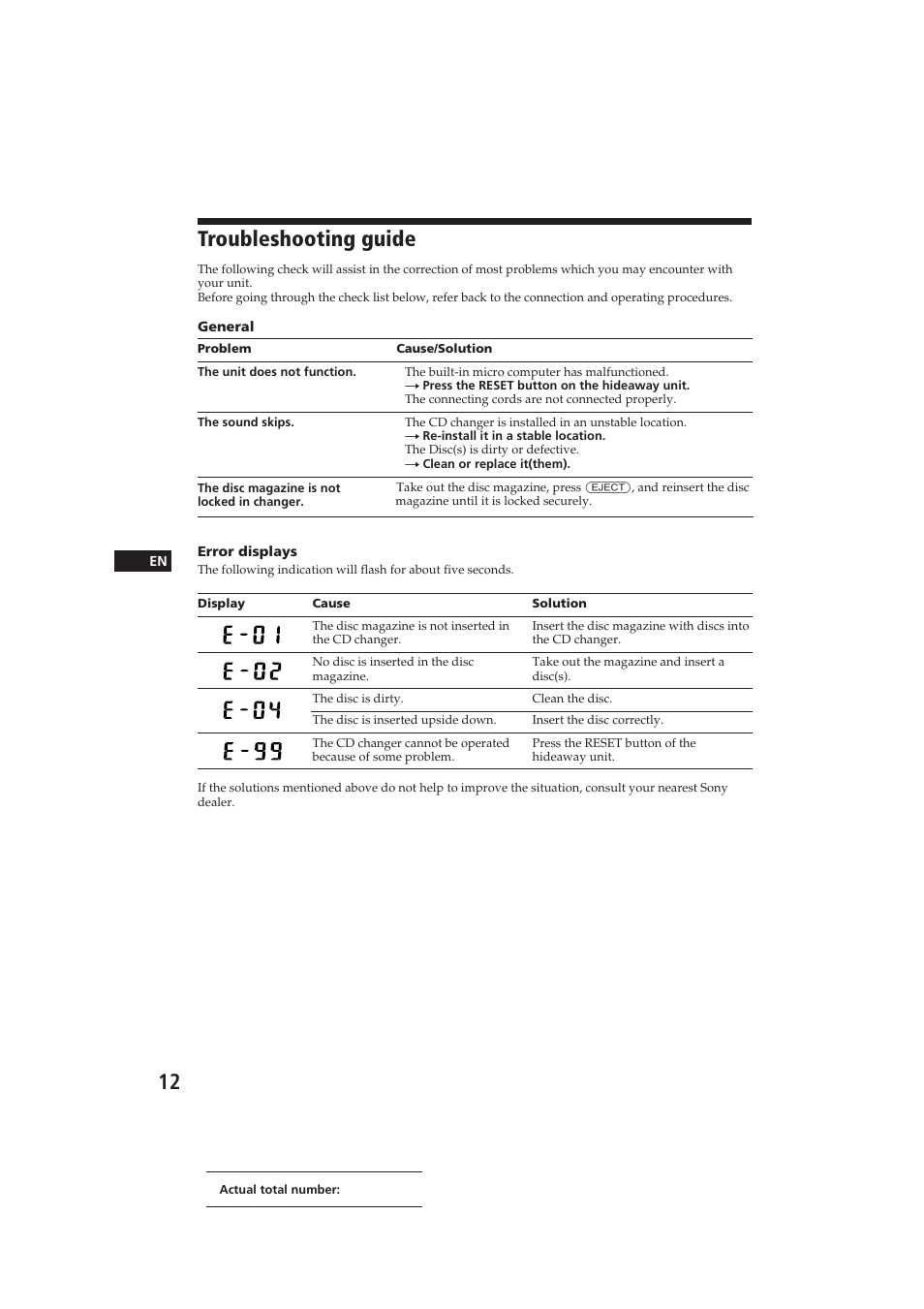 Troubleshooting guide | Sony CDX-52RF User Manual | Page 12 / 54
