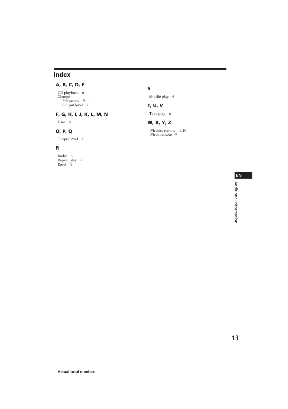 Index | Sony CDX-52RF User Manual | Page 13 / 54