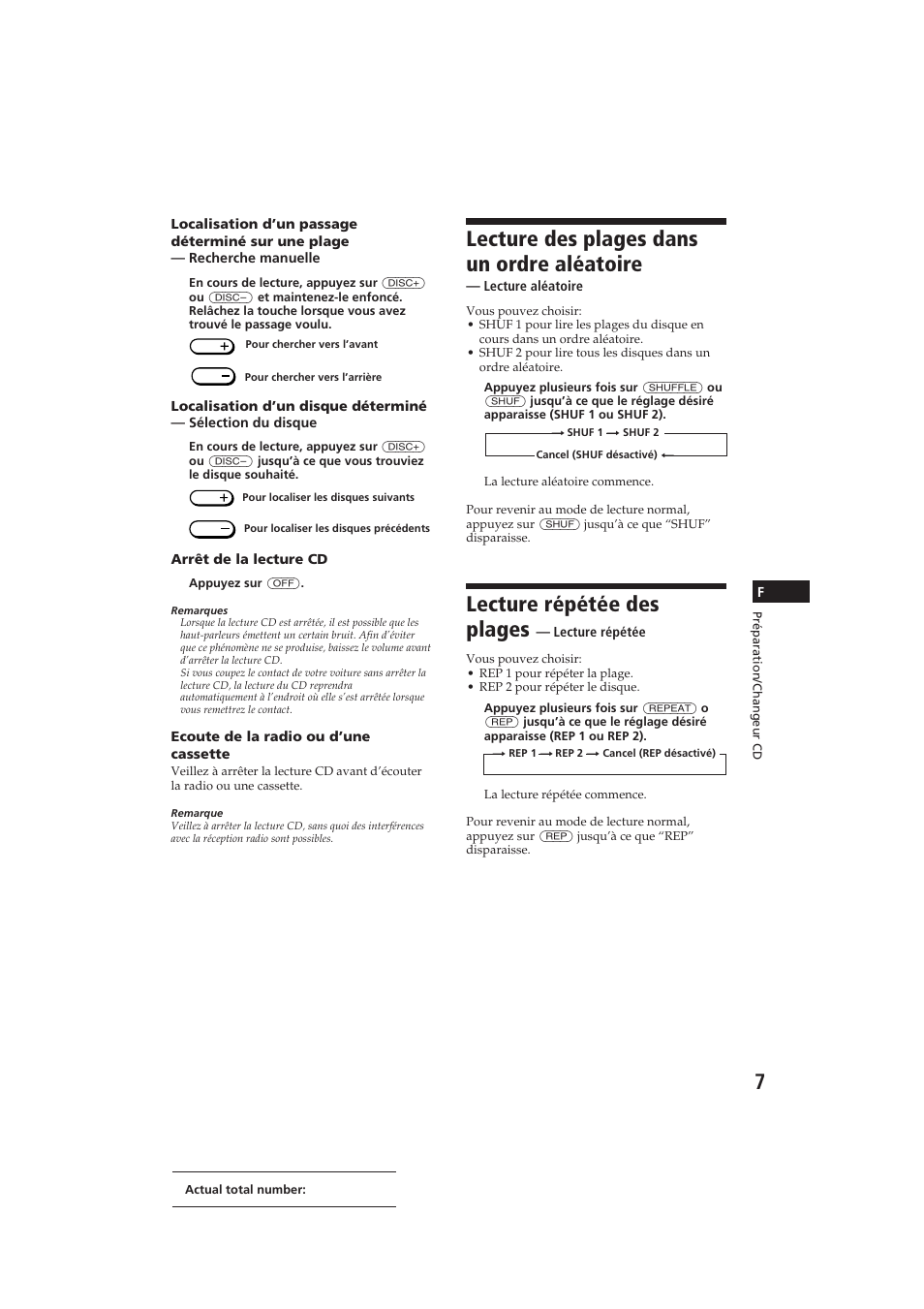 Lecture des plages dans un ordre aléatoire, Lecture répétée des plages | Sony CDX-52RF User Manual | Page 19 / 54