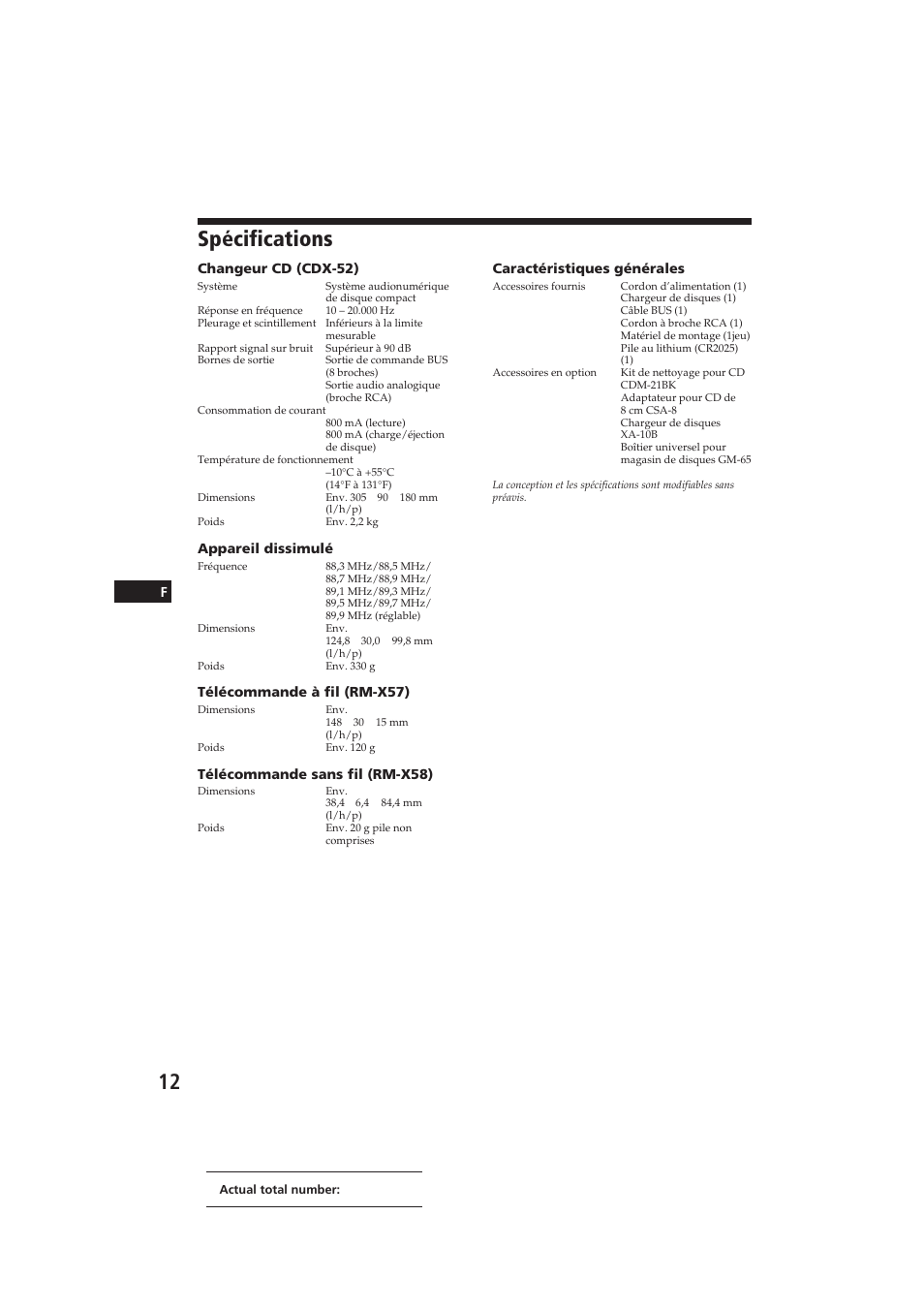 Spécifications | Sony CDX-52RF User Manual | Page 24 / 54