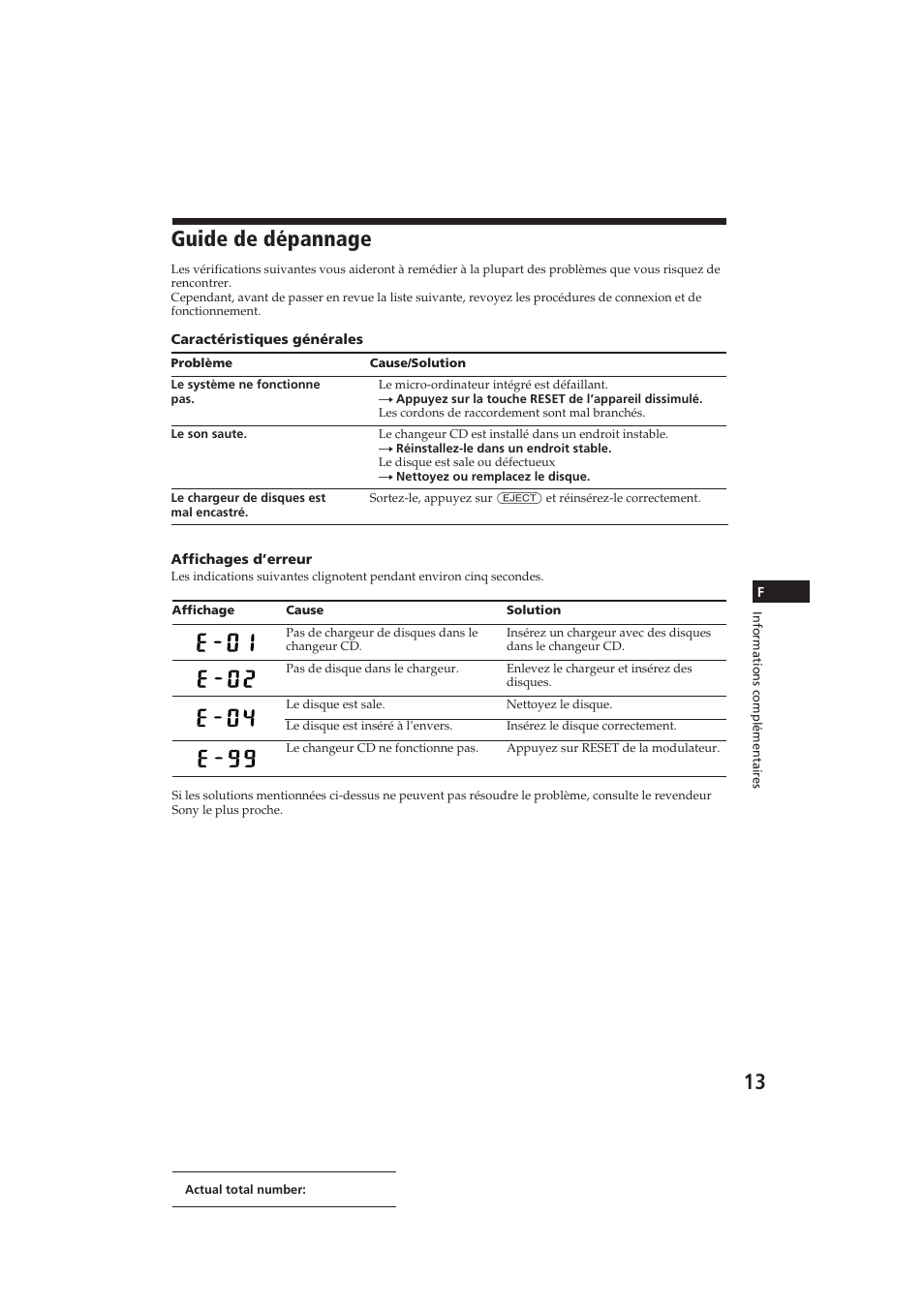 Guide de dépannage | Sony CDX-52RF User Manual | Page 25 / 54