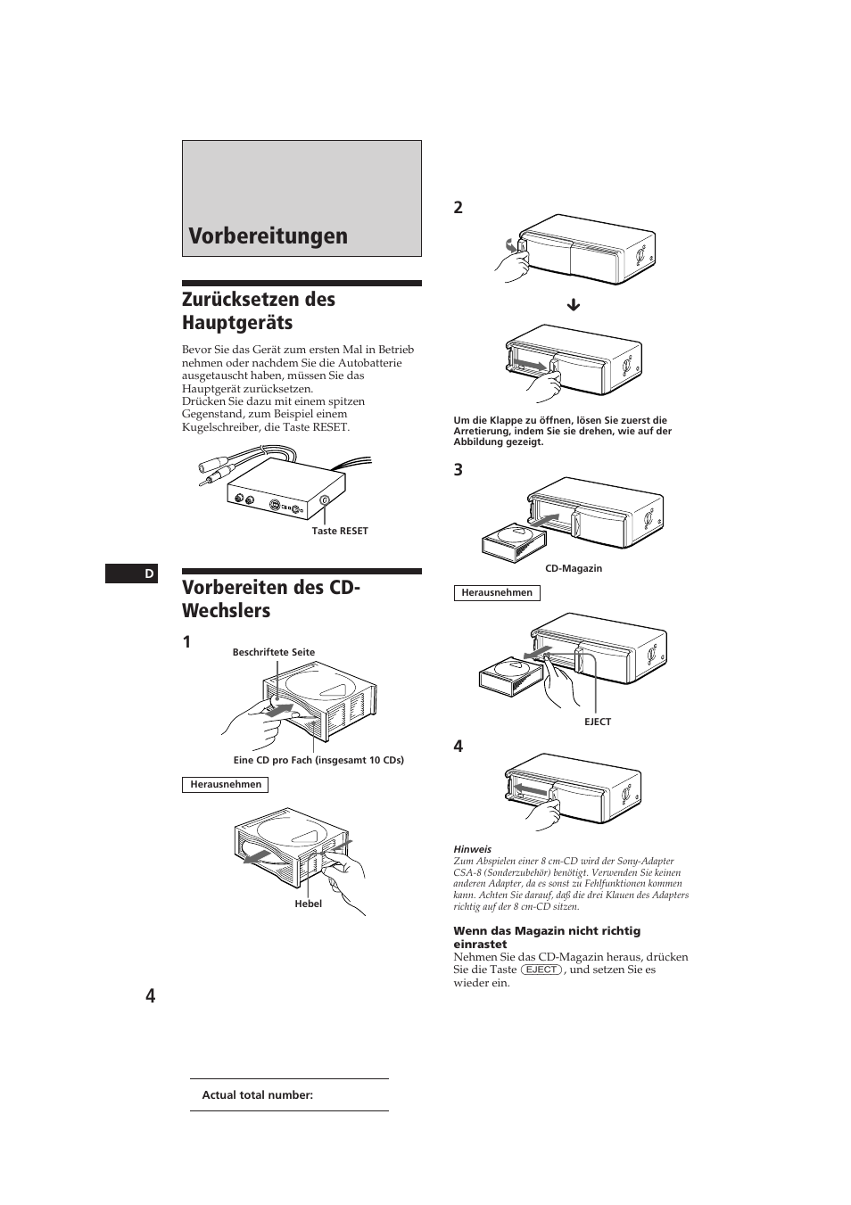 Vorbereitungen, Zurücksetzen des hauptgeräts, Vorbereiten des cd- wechslers | Sony CDX-52RF User Manual | Page 29 / 54