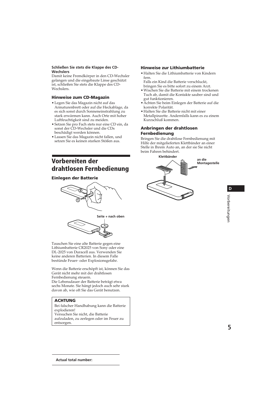 Vorbereiten der drahtlosen fernbedienung | Sony CDX-52RF User Manual | Page 30 / 54