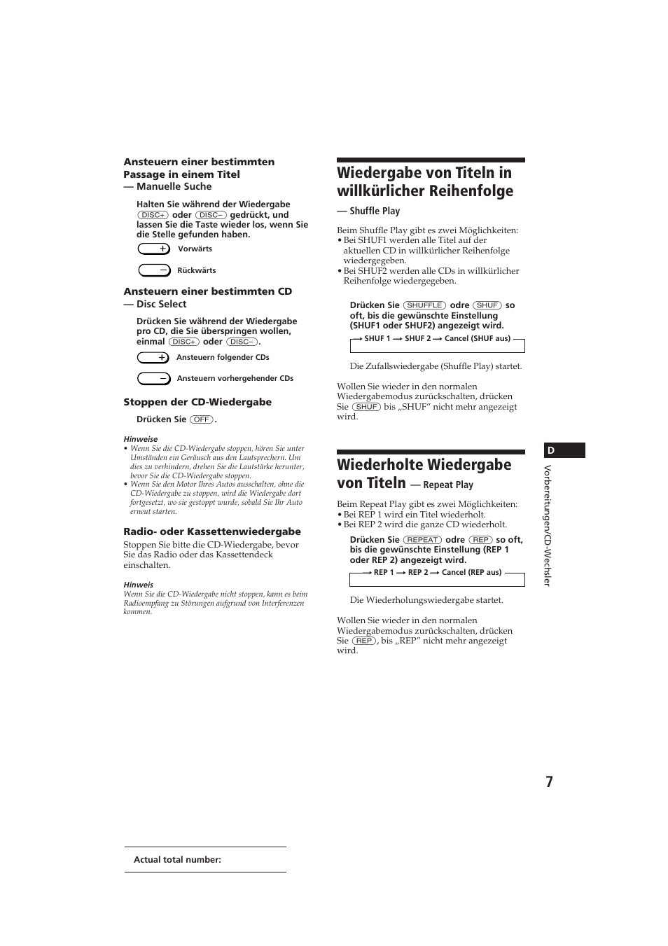 Wiedergabe von titeln in willkürlicher reihenfolge, Wiederholte wiedergabe von titeln | Sony CDX-52RF User Manual | Page 32 / 54