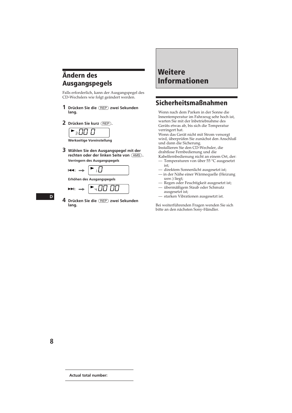 Weitere informationen, Sicherheitsmaßnahmen, Ändern des ausgangspegels | Sony CDX-52RF User Manual | Page 33 / 54
