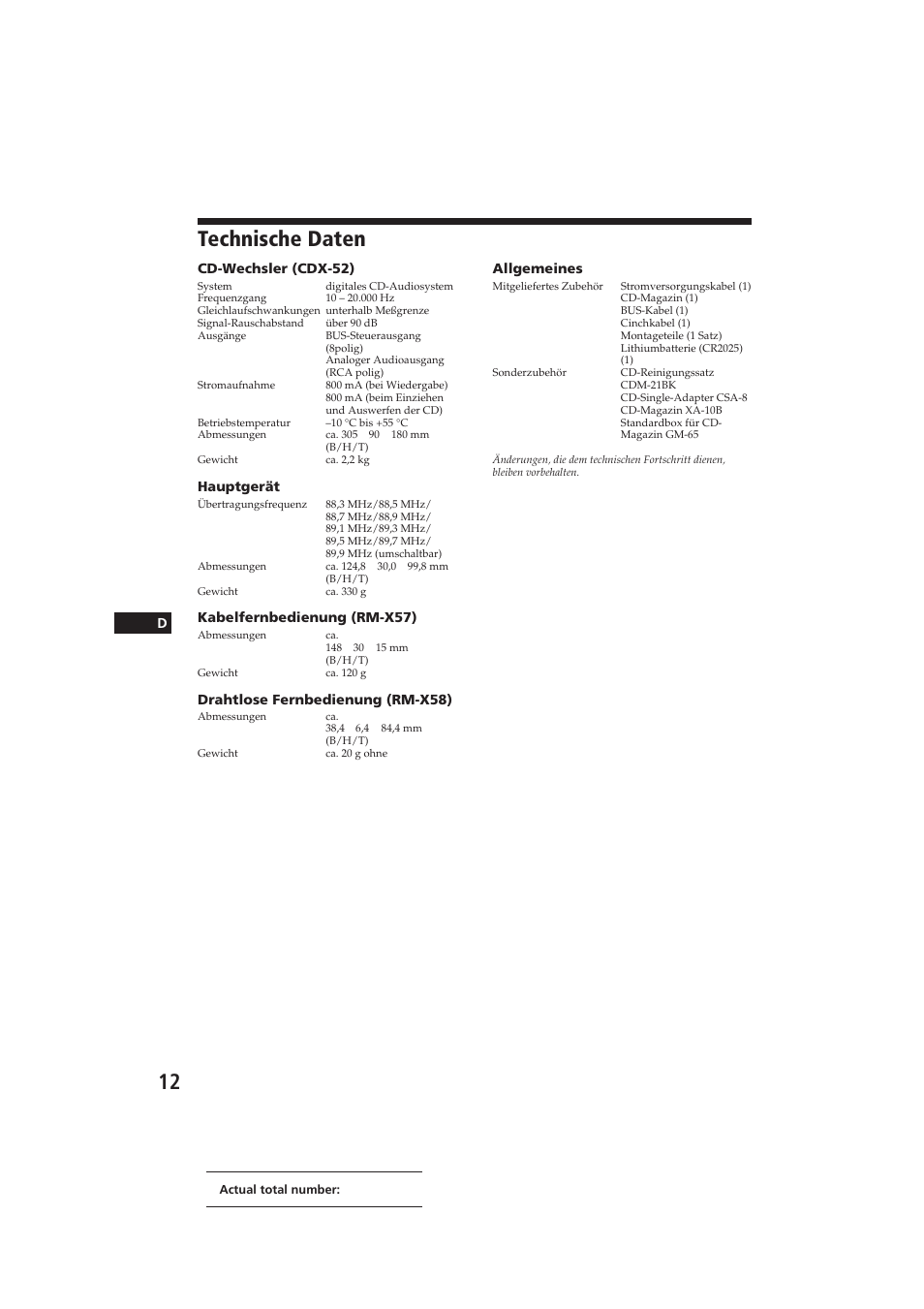 Technische daten | Sony CDX-52RF User Manual | Page 37 / 54