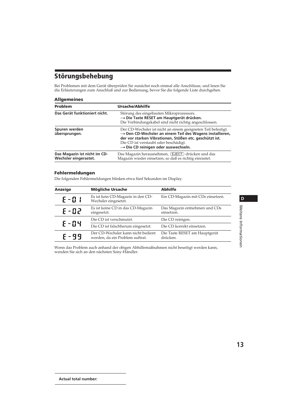 Störungsbehebung | Sony CDX-52RF User Manual | Page 38 / 54