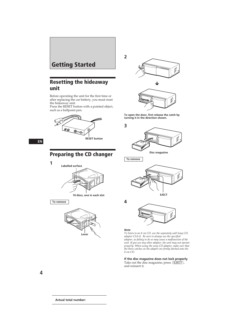 Getting started, Resetting the hideaway unit, Preparing the cd changer | Sony CDX-52RF User Manual | Page 4 / 54