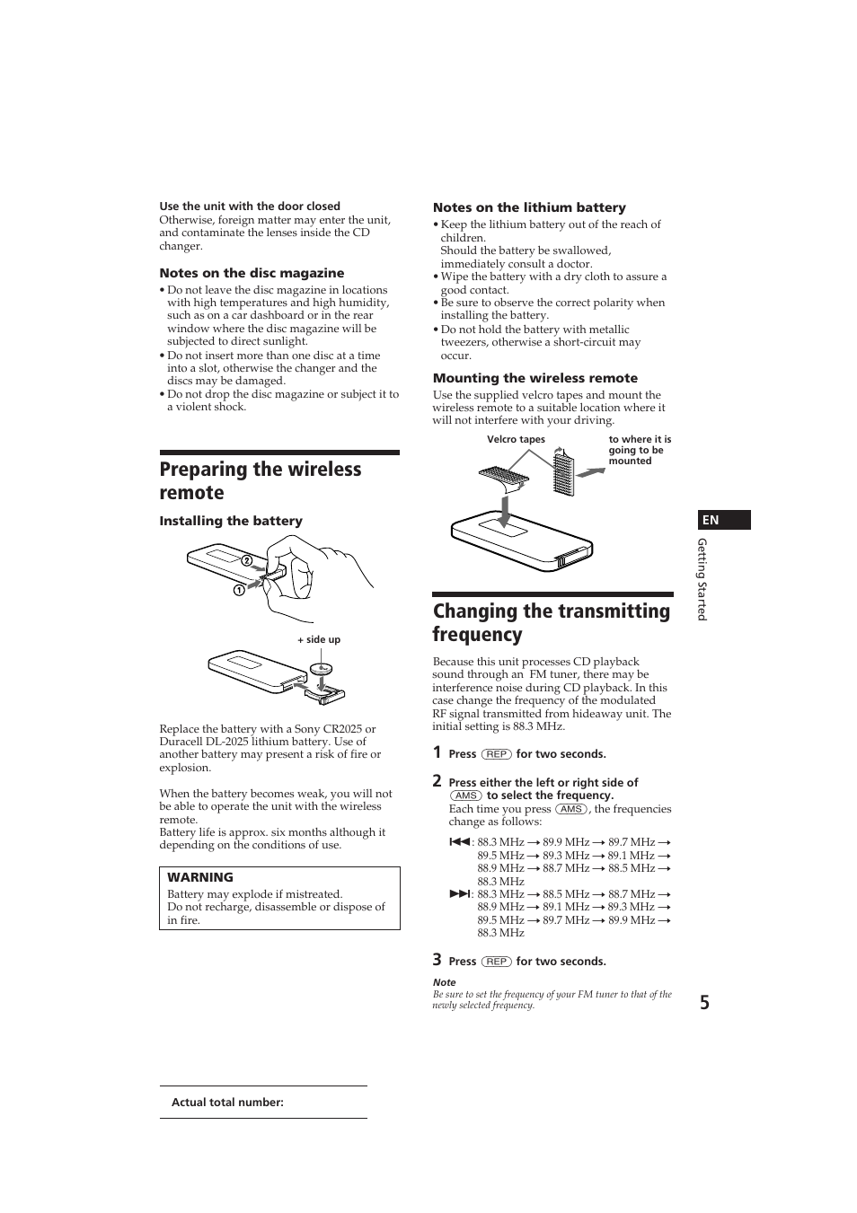 Preparing the wireless remote, Changing the transmitting frequency | Sony CDX-52RF User Manual | Page 5 / 54