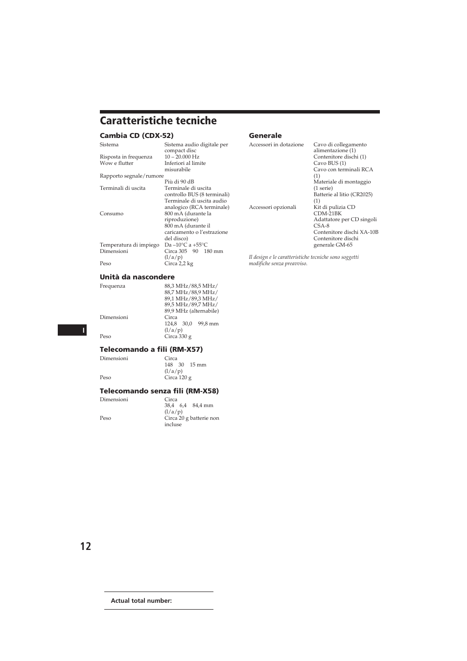 Caratteristiche tecniche | Sony CDX-52RF User Manual | Page 51 / 54