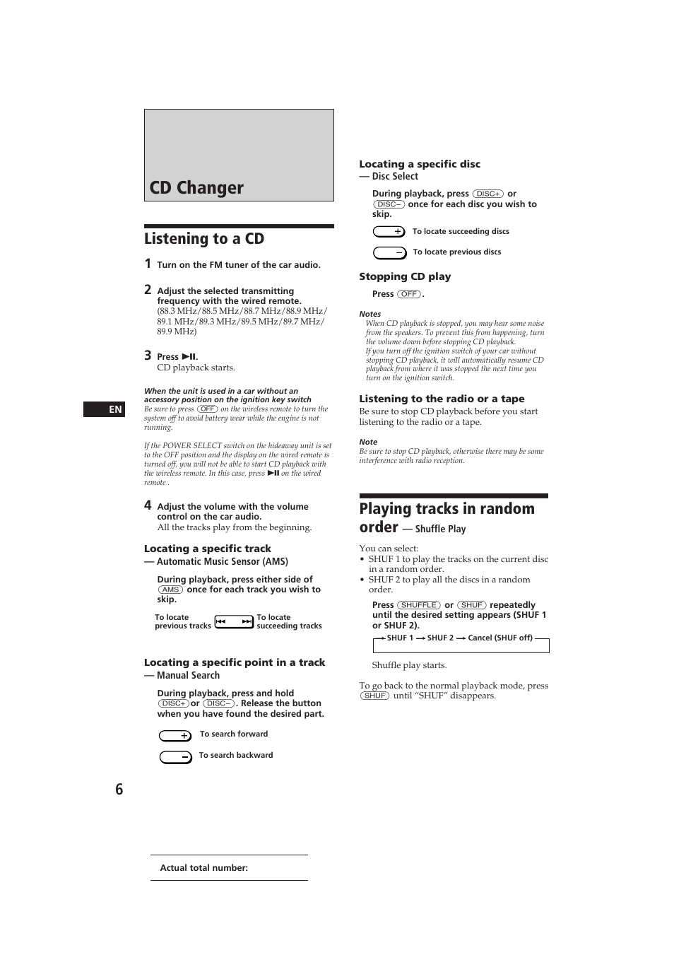 Cd changer, Listening to a cd, Playing tracks in random order | Sony CDX-52RF User Manual | Page 6 / 54