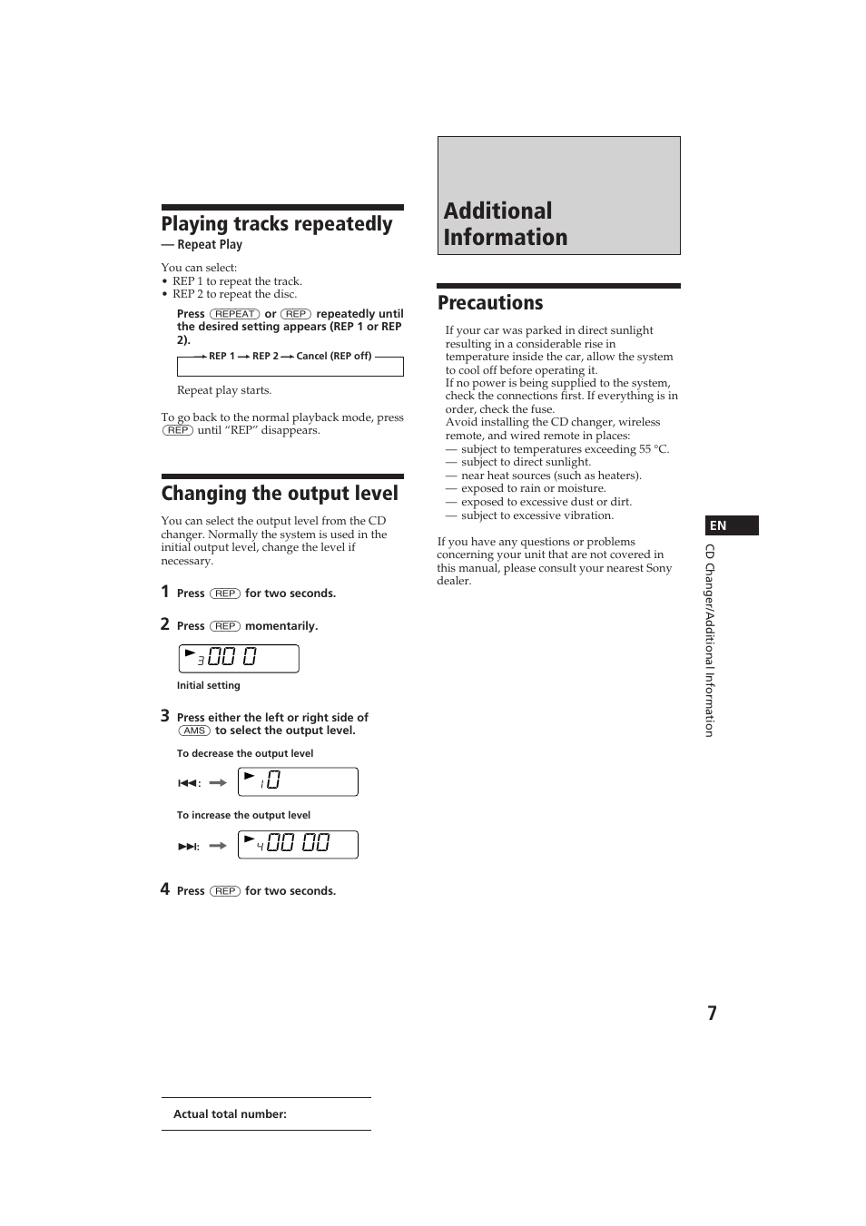 Additional information, Precautions, Playing tracks repeatedly | Changing the output level | Sony CDX-52RF User Manual | Page 7 / 54