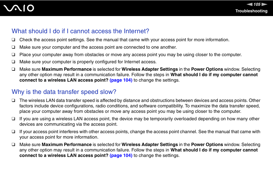 What should i do if i cannot access the internet, Why is the data transfer speed slow | Sony V G C - J S 2 0 0 User Manual | Page 105 / 136