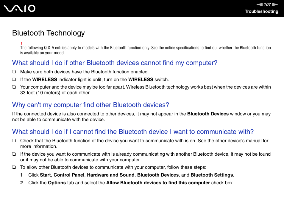 Bluetooth technology, Why can't my computer find other bluetooth devices | Sony V G C - J S 2 0 0 User Manual | Page 107 / 136