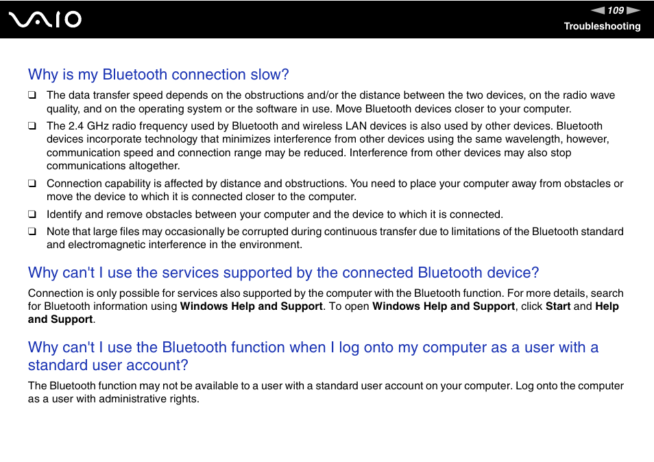 Why is my bluetooth connection slow | Sony V G C - J S 2 0 0 User Manual | Page 109 / 136