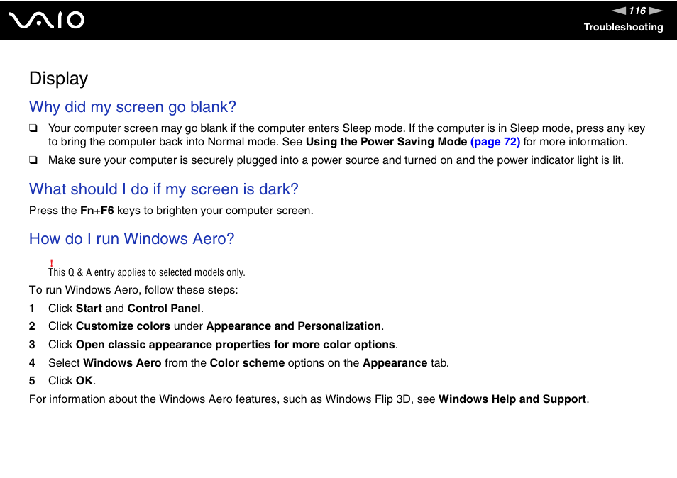 Display, Why did my screen go blank, What should i do if my screen is dark | How do i run windows aero | Sony V G C - J S 2 0 0 User Manual | Page 116 / 136