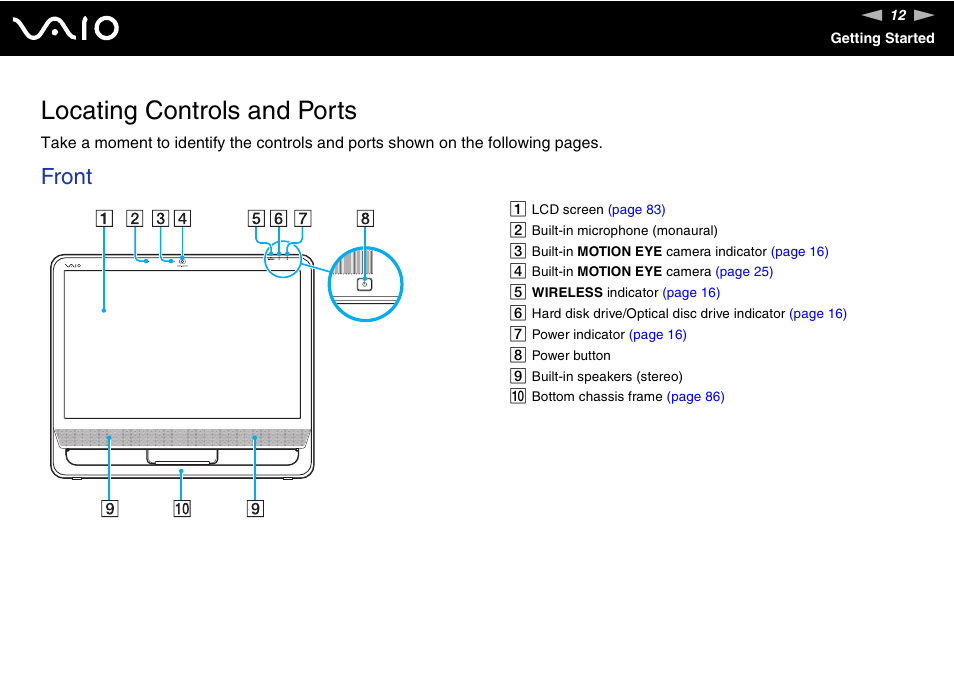 Locating controls and ports, Front | Sony V G C - J S 2 0 0 User Manual | Page 12 / 136