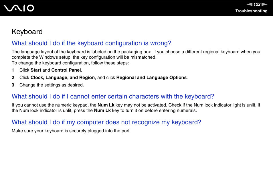 Keyboard | Sony V G C - J S 2 0 0 User Manual | Page 122 / 136