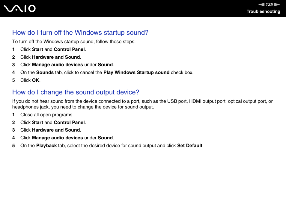 How do i turn off the windows startup sound, How do i change the sound output device | Sony V G C - J S 2 0 0 User Manual | Page 125 / 136