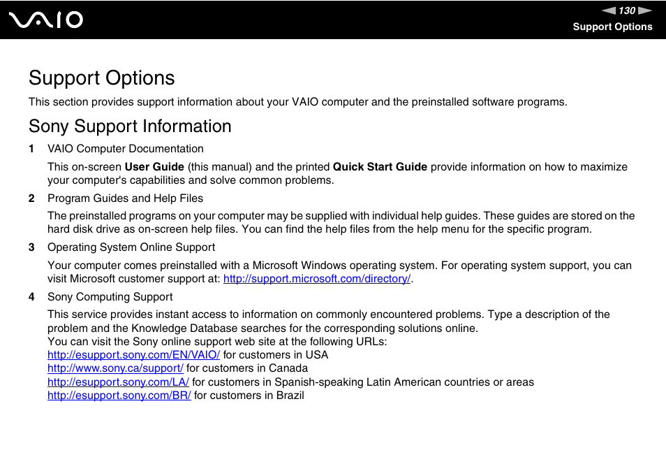 Support options, Sony support information, To vi | Sony V G C - J S 2 0 0 User Manual | Page 130 / 136