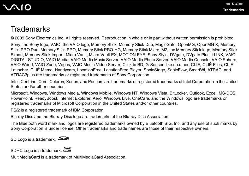 Trademarks | Sony V G C - J S 2 0 0 User Manual | Page 134 / 136