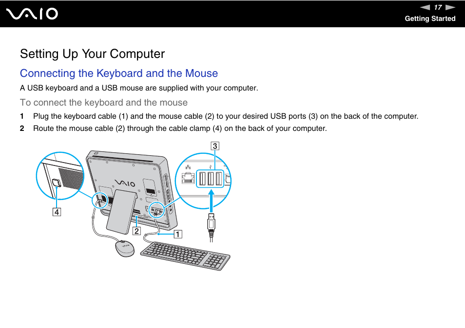 Setting up your computer, Connecting the keyboard and the mouse | Sony V G C - J S 2 0 0 User Manual | Page 17 / 136