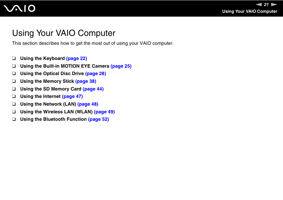 Using your vaio computer | Sony V G C - J S 2 0 0 User Manual | Page 21 / 136